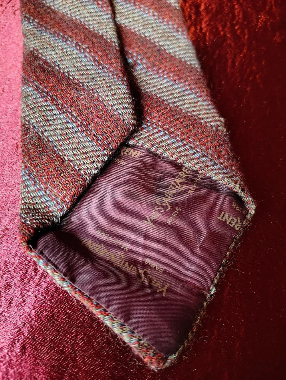 Vintage 80s Yves Saint Laurent Wool Burgundy Gray Diagonal Stripe 3.25